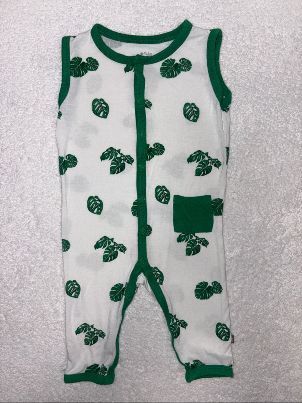 Kyte BABY Green Leaf-monstera Print Sleeveless One-Piece Romper 6/12m